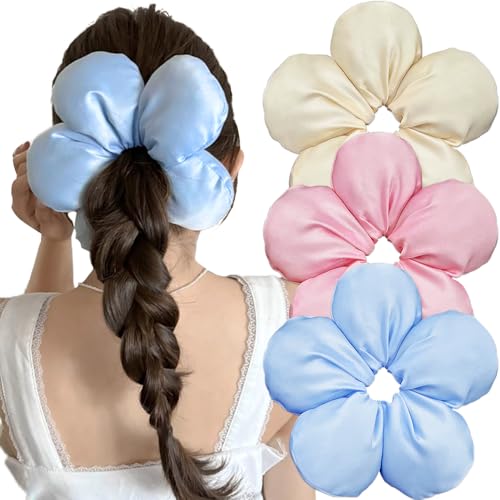 3-Pack Large Flower Satin Hair Scrunchies for Women - Soft Silk Hair Ties in Blue, Pink, Beige