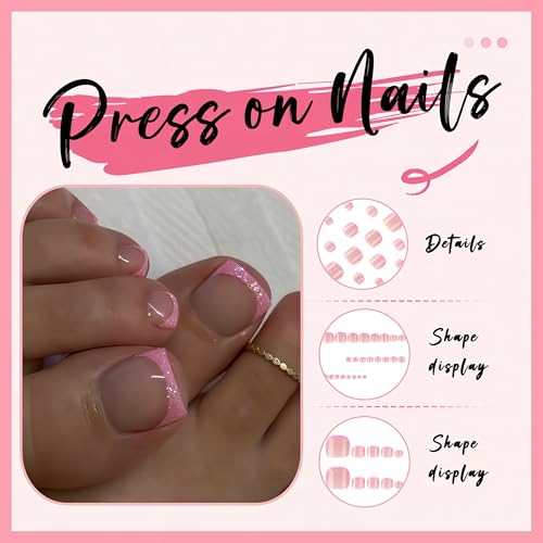 24 Pcs Pink French Tip Press On Toenails - Glittery Full Cover