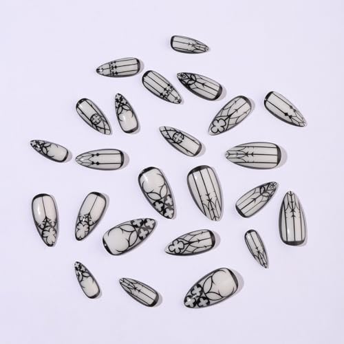 Medium Length Black Almond Press-On Nails - Glow in the Dark