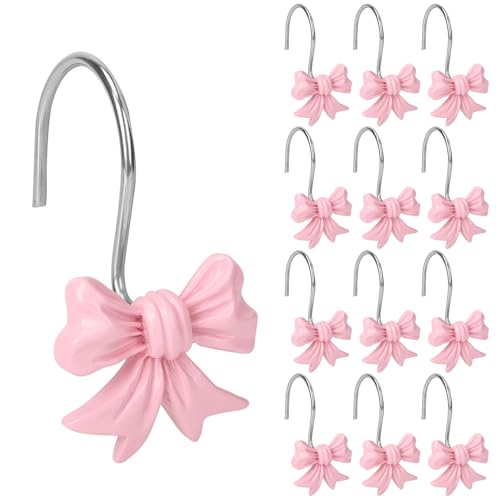 12 Pack Pink Bow Shower Curtain Hooks - Rustproof & Stylish
