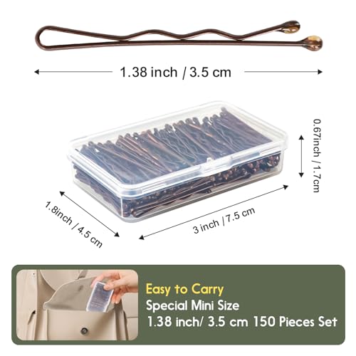150 Count Mini Bobby Pins - 1.38 Inch Brown Hair Pins with Storage Box