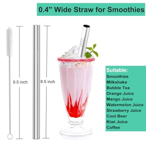Vinaco 4 Pack Reusable Stainless Steel Smoothie Straws - 0.4" Wide, 10.5" Length