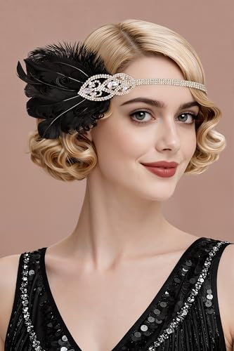 BABEYOND Black 1920s Flapper Feather Headband, Great Gatsby Vintage Headpiece