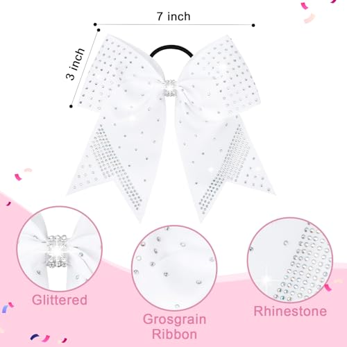 Aileam 2Pcs Glitter White Rhinestone Cheer Bows 7" Large Ponytail Holders