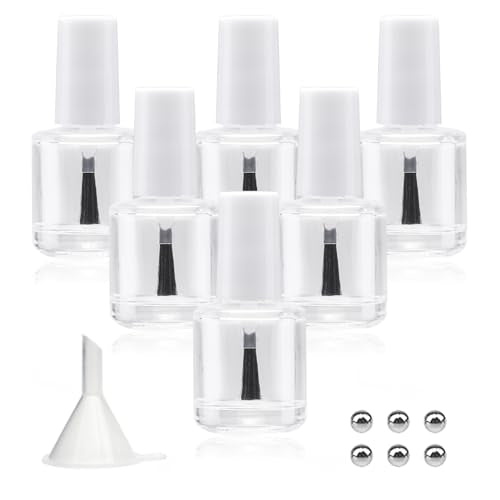 Agidea 6 Pack 10ML Empty Nail Polish Bottles with Brush, Clear Glass with Mixing Beads & Funnel