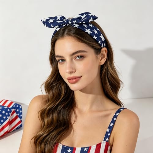 YUEELI 4 Pack Patriotic Headbands for Women & Girls - Red White Blue Flag Hair Accessories for Independence Day & Memorial Day