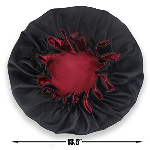 Large Satin Bonnet for Women - Adjustable Silky Sleep Cap (XL Black-Red)