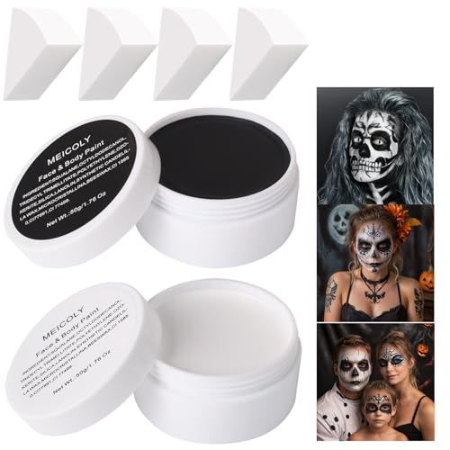 MEICOLY 6Pcs Halloween Black & White Face Paint Kit - Pro Oil-Based Makeup for Clowns Zombies & Cosplay