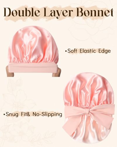 Reversible Satin Bonnet for Sleeping Women - 2PCS Hair Scrunchies & Apricot Powder + Champagne