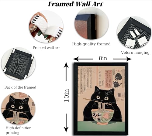 Framed Black Cat Canvas Wall Art - Whimsical Ramen Painting 10x8in