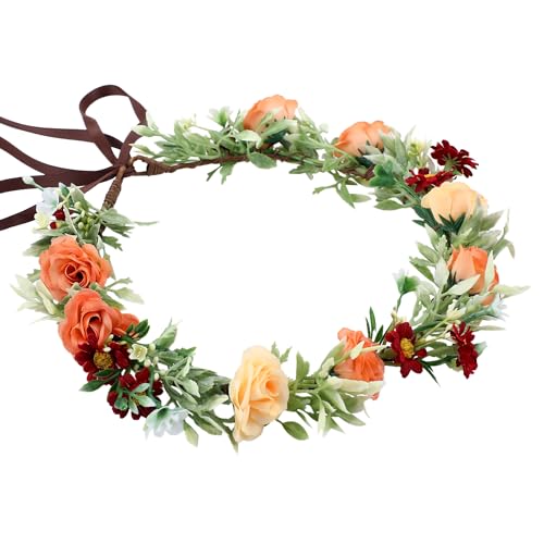 Orange Rose Flower Crown - Boho Floral Headband for Women