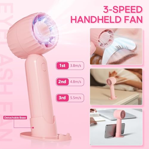 Buqikma Lash Cleaning Kit - Lash Shampoo Kit 60ML with Rechargeable Handheld Fan Dryer, Mascara Brush, Rinse Bottle, Makeup Cleansing Foam for Eyelash Extension Care, Pink