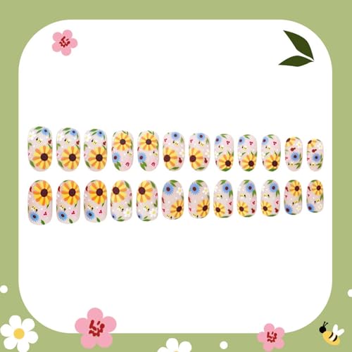Diowino Short Press-On Nails with Flower & Insect Design, Sunflower & Bee Acrylic Manicure Tips, 24 pcs