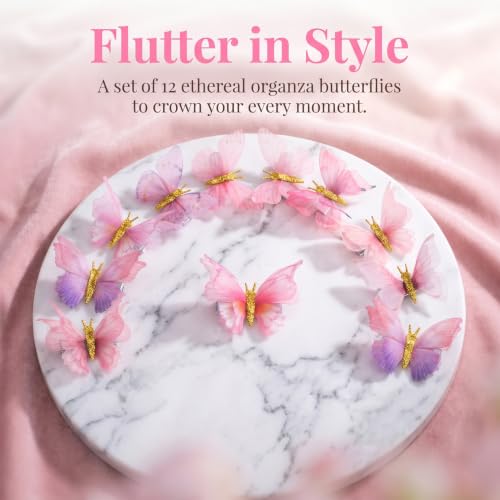 PAGOW 12 Pcs Pink Rhinestone Butterfly Hair Clips for Women, Gradient Moving Fairy Hair Accessories