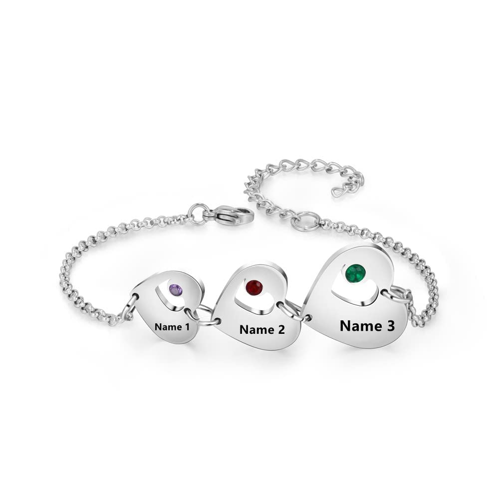 Luxladis Personalized Name Heart Bracelet with 1-6 Birthstones Custom Bracelet for Women Engraved Names Link Bracelets for Mother's Day Mom (3 names)