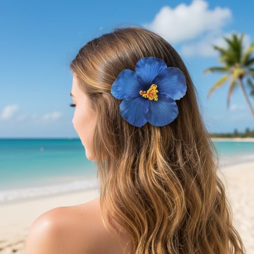 Blue Plumeria Hibiscus Flower Hair Clips - Set of 2