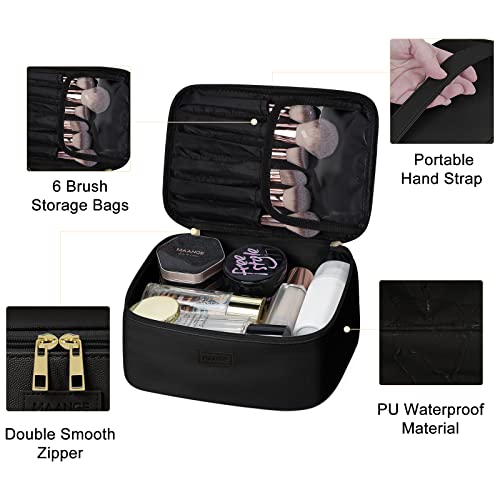 MAANGE Large Makeup Bag Set with 2 Small Pouches - Portable Leather Travel Cosmetic Organizer