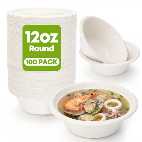 W&Y 12 oz Compostable Paper Bowls - 100 Count, Heavy-Duty & Microwave-Safe