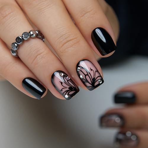 CurvLife Press On Nails Set - 32PCS Soft Gel with Rhinestones