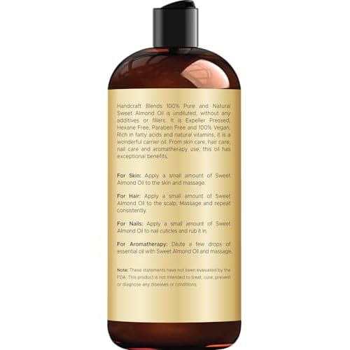 Handcraft Blends Sweet Almond Oil | 100% Pure and Natural | Bath & Body Oil | Premium Grade Carrier Oil | Skin | Hair | Body | Massage | Hexane-Free | 16 Fl Oz