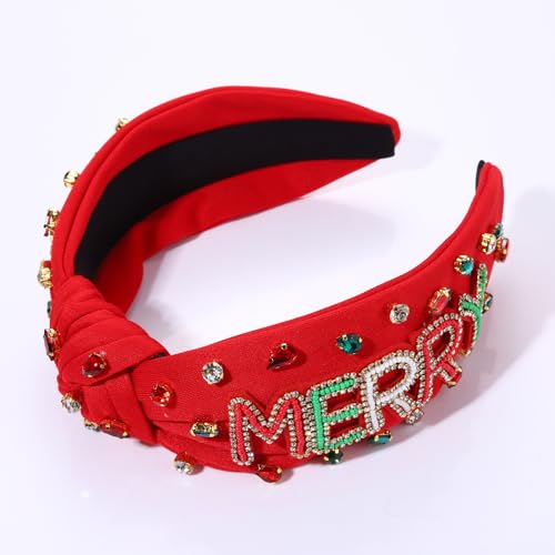 NVENF Plaid Christmas Headband with Pearls and Rhinestones, Red