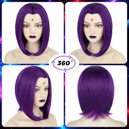 Dark Purple Bob Wig with Ruby Sticker for Women's Cosplay