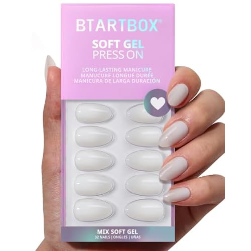 BTArtbox White Press On Nails Short - Soft Gel Press on Nails Almond, White Glue on Nails with Nail Glue, Reusable Stick on Nails in 16 Sizes, Cream Puff