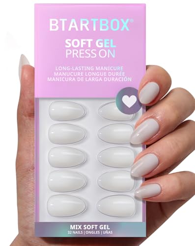 BTArtbox Press On Nails - Cream Puff, Short Almond, Ombre Off White - 32ct Complete Kit