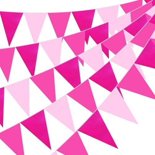 Tiamon Pink Glitter Bunting Banner - 5 Pcs 49.2 Ft Triangle Flags for Parties