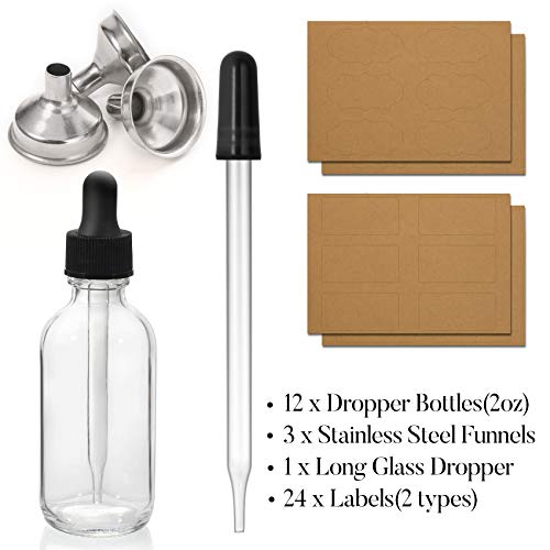 12 Pack 2 oz Glass Eye Dropper Bottles with Funnels and Labels