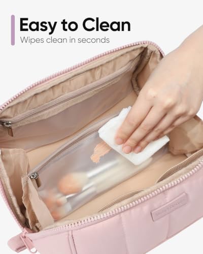 NISHEL Travel Makeup Bag - Open Flat Organizer Pouch, Pink