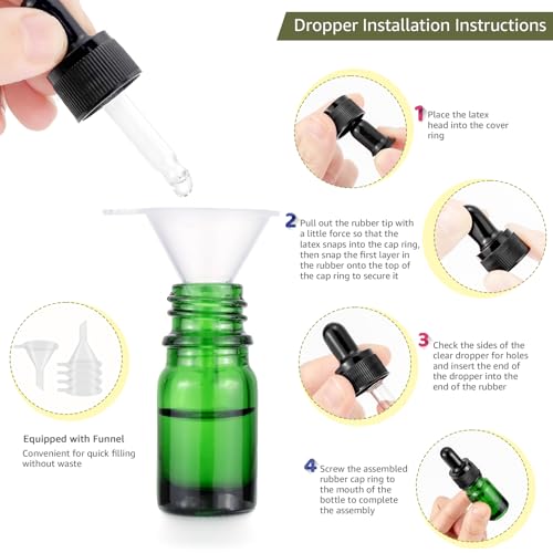 JIWU Green 5ml Glass Dropper Bottles with Funnels - Sample Vials for Essential Oils