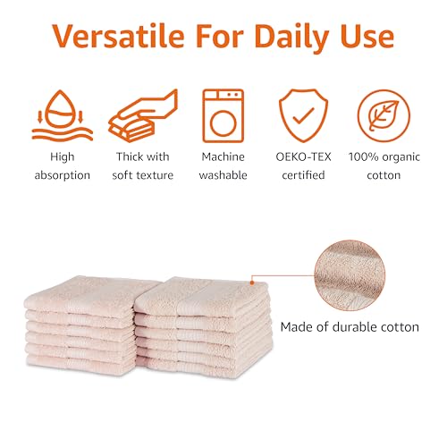 Amazon Basics 12-Pack Cotton Washcloths, 12x12 Inch, Soft & Fade-Resistant