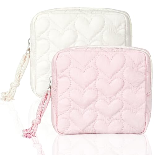 JOYYTUU 2-Pack Small Quilted Makeup Bags White & Pink, Waterproof Travel Organizer