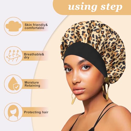 FIRSTPELLA 4PCS Silk Hair Bonnet Set for Sleeping & Shower, Elastic Wide Band, Black, Red, Purple & Leopard Print