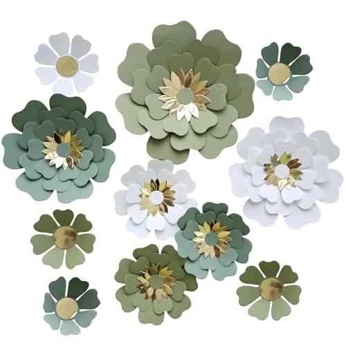 Dusty Green & White Paper Flower Set for Weddings & Nursery Decor - 12 Pack