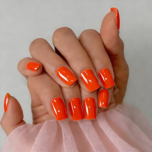 SXVME Neon Orange Medium Square Press-On Nails - 28 Pcs Salon Quality