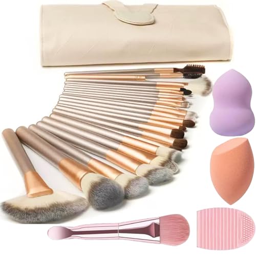 NEVSETPO Champagne 28-Piece Travel Makeup Brush Set with Bag & Accessories