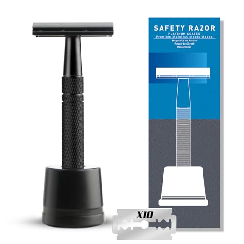 Matte Black Safety Razor with Stand for Men - Reusable Single Blade
