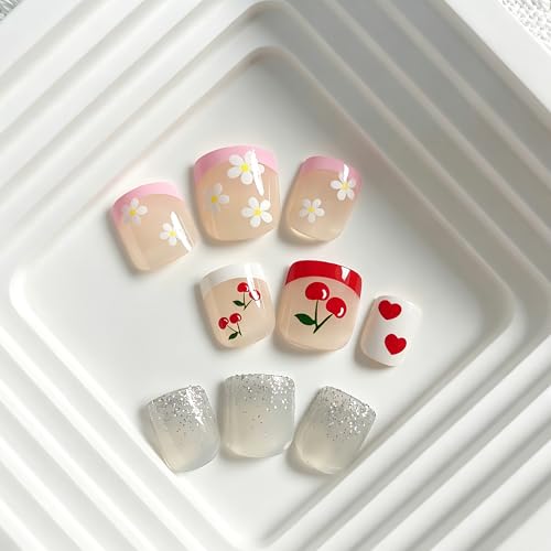 Kids Press-On Nails - Cherry Diamond Glitter | 72PCS Fake Nail Tips