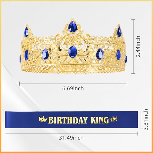 Gold-Blue Birthday King Crown Headband Accessories Set