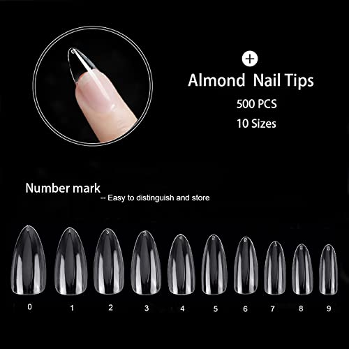 Ohlove 500Pcs Almond Clear Full Cover Nail Tips (10 Sizes) - A-Almond-Clear fake nails