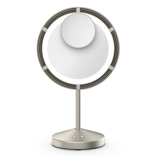 Conair LED Makeup Mirror - Lighted Vanity Mirror with Fan & Spot Magnification | 6.3-Inch Brushed Satin Nickel Finish