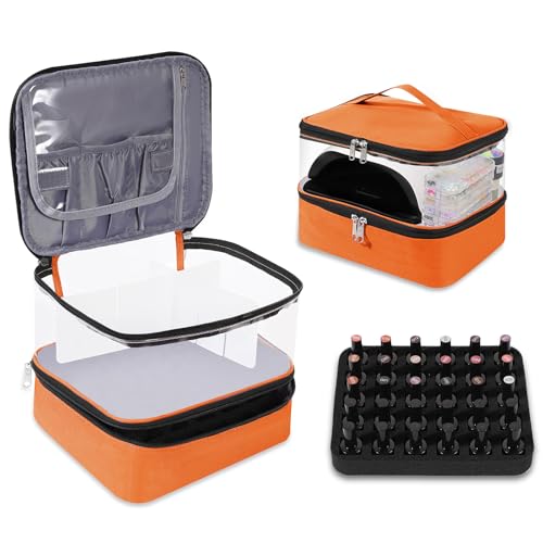 Beloving Orange Nail Polish Organizer Bag - Double Layer, Holds 30 Bottles & Nail Dryer