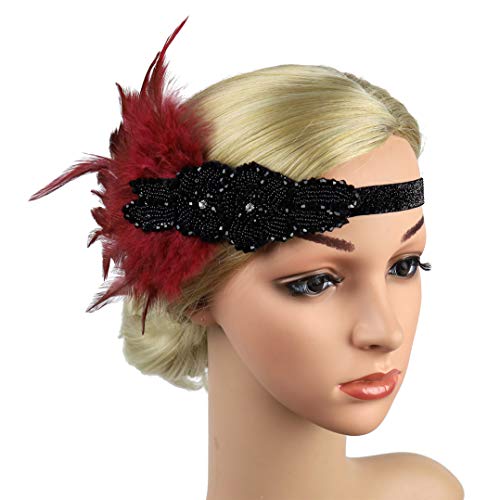 Lovfingu Roaring 20s Flapper Headband with Red Feathers - Great Gatsby Style