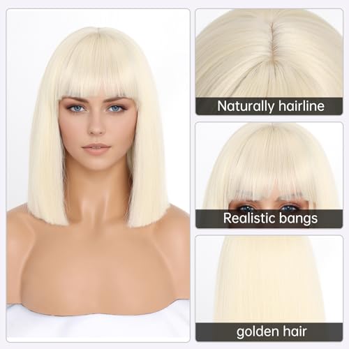 SeclitWu Blonde Bob Wigs for Women Short Straight Synthetic Heat-Resistant Hair, 12 Inch Bangs Cosplay & Daily Use