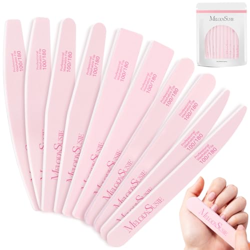 MelodySusie 10Pcs Mix Shape Nail Files 100/180 Grit - Pink Emery Boards for Manicure & Pedicure