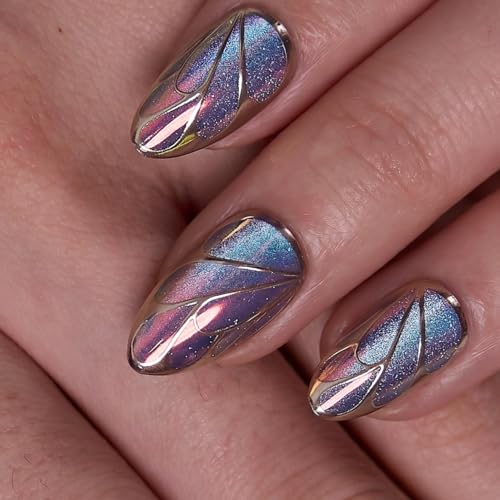 CurvLife Aurora Wings Blue Medium Almond Press On Nails - Soft Gel, Long-Lasting, Reusable Kit