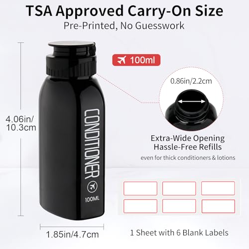 Cosywell 3.4oz Black Travel Bottles Set with Labels & Leakproof Spray & Jars - TSA Approved