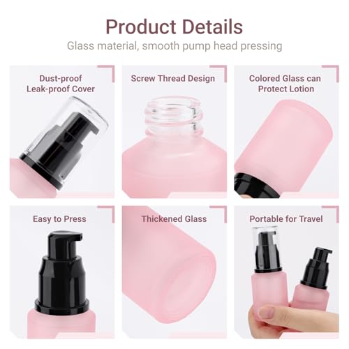 Segbeauty 3-Pack 1oz Frosted Glass Travel Lotion Bottles Amber Pink Red, Refillable 30ml Pump Dispenser